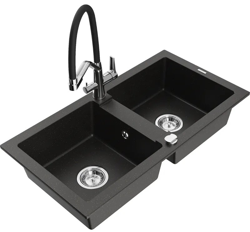 Mexen Mario 2 kamrás gránit mosogató csapteleppel Duo, fekete/arany metál - 6504-75-671701-07