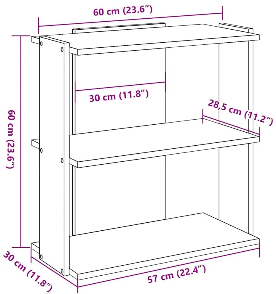 3 szintes antik fa szerelt fa könyvespolc 60 x 30 x 60 cm