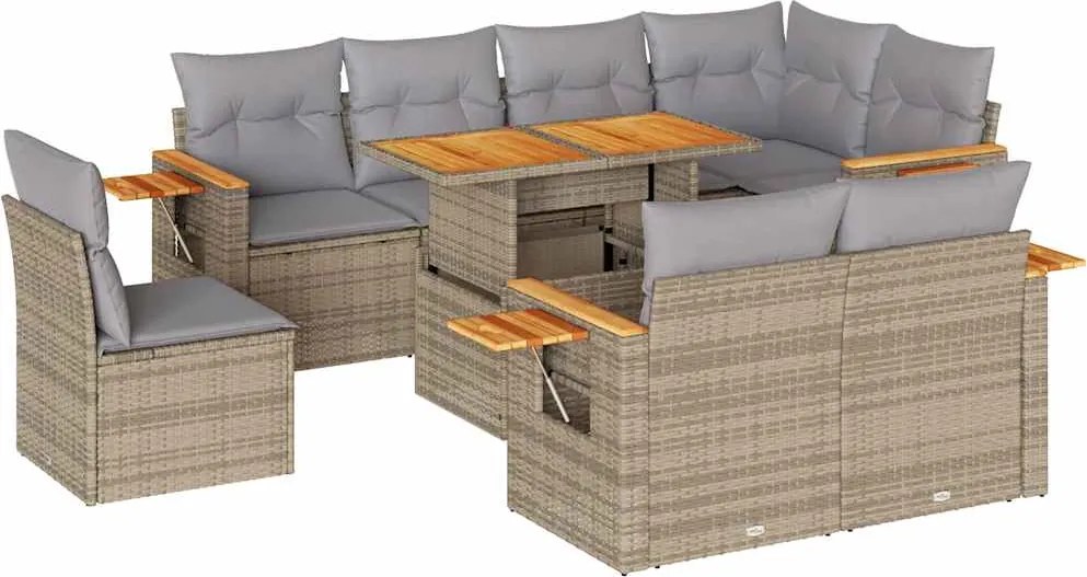 vidaXL 9 részes bézs polyrattan akácfa kerti ülőgarnitúra párnákkal