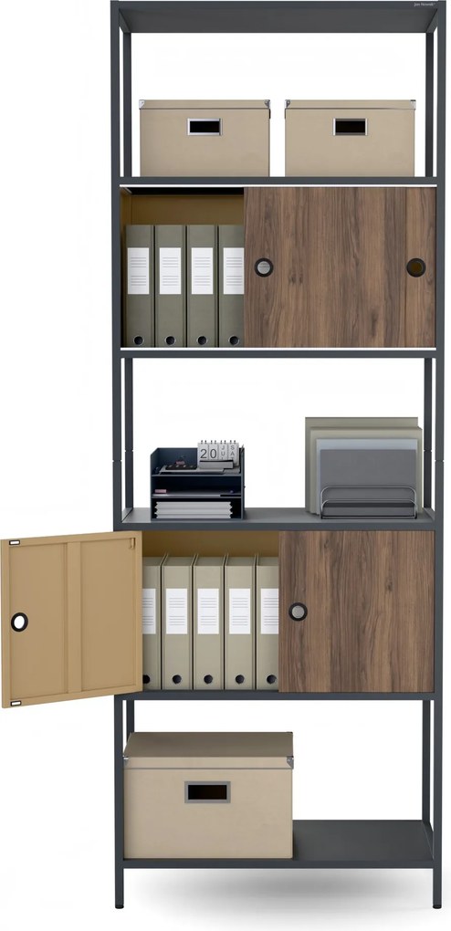 Iratrendező polc zárható szekrénnyel, irodai, nyitott polcok, fém antracit/dió, 800x2200x400 mm: ARIEL Eco Design