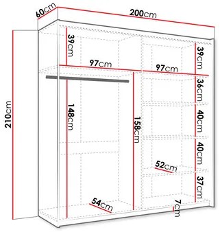 Ruhásszekrény tolóajtókkal Artaman 200 (fehér)  (tükörrel). 1105685