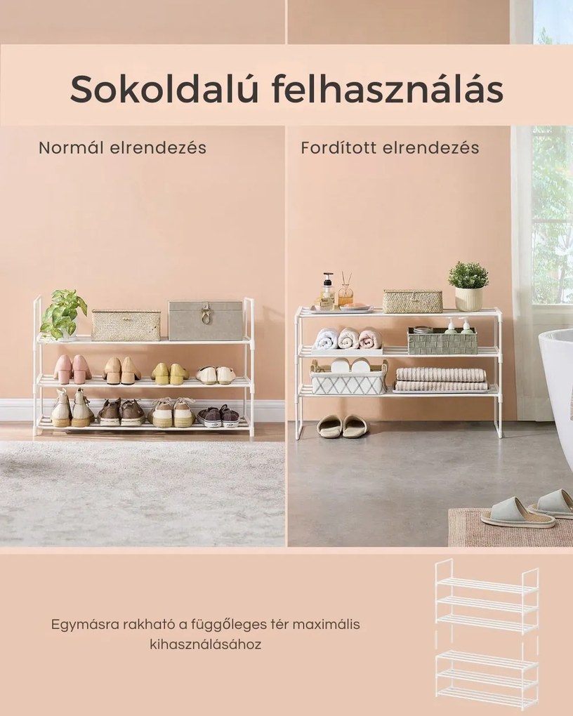 TORINO cipőtartó állvány, 3 polcos, 0x92x55cm, fehér SongmicsHome