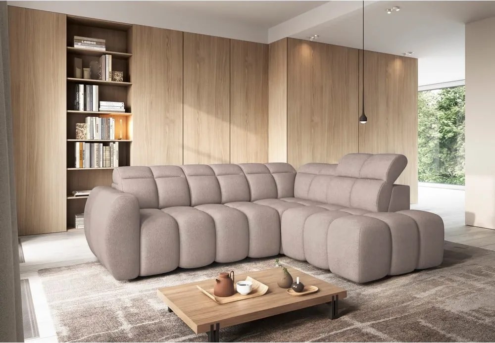 Világosbarna buklé kinyitható-tárolóhelyes sarokkanapé (jobb oldali-L alakú) Falconn – ELTAP