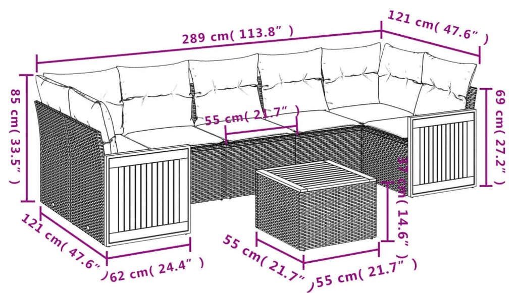 8 részes fekete polyrattan kerti ülőgarnitúra párnákkal
