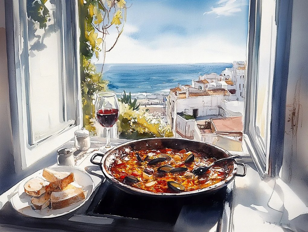 Canvas Vászonkép Ablak Konyha Tenger Paella Bor Spanyolország 80x60