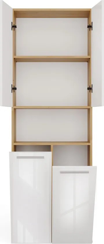 2K DK fürdőszoba szekrény, szennyestartóval, 60x174x30 cm, tölgy-fényes fehér front