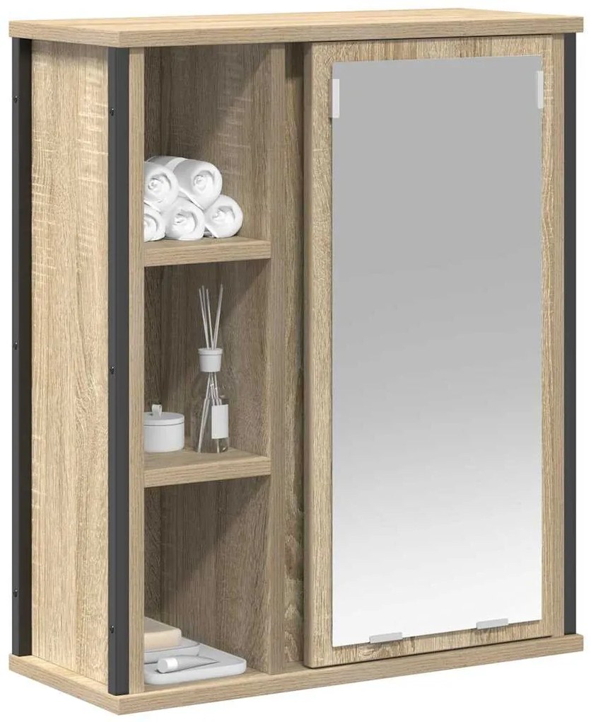 tölgy színű fürdőszoba fali szekrény tükörrel 50x21x60 cm