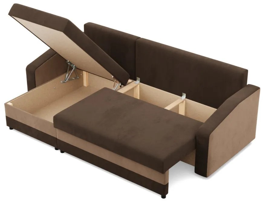 Hewlet sarokkanapé, 2 ágyneműtartóval, szövet anyag, univerzális oldal, hab töltet, barna