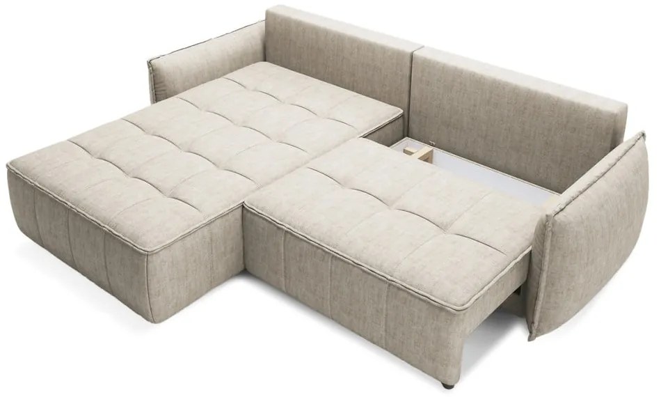 Bézs bársony kinyitható-tárolóhelyes sarokkanapé (bal oldali-heverő résszel) Campo – ELTAP