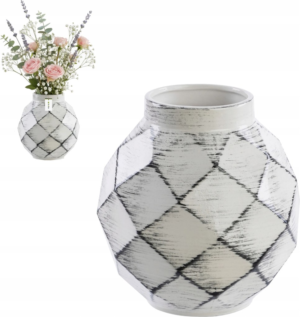 Kerámia váza 3D geometrikus Fehér Fekete Ø11 H 22 cm intenzív szín