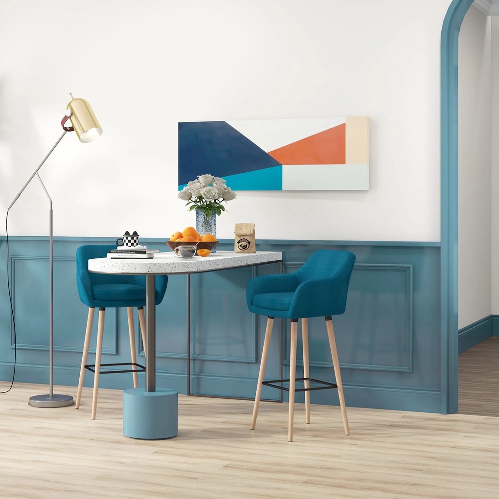 HOMCOM Skandináv Stílusú Bárszékek - 2 db Magas Kényelmes Bárszék Lábpihentővel és Karfával - Masszív Fa Kék Vászon | Aosom