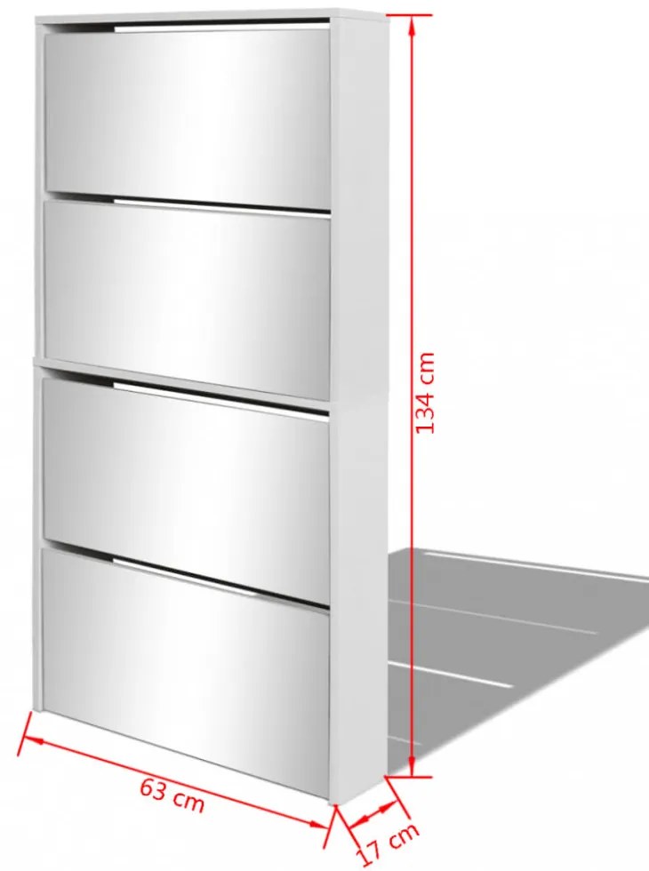 fehér 4 szintes tükrös cipőszekrény 63 x 17 x 134 cm