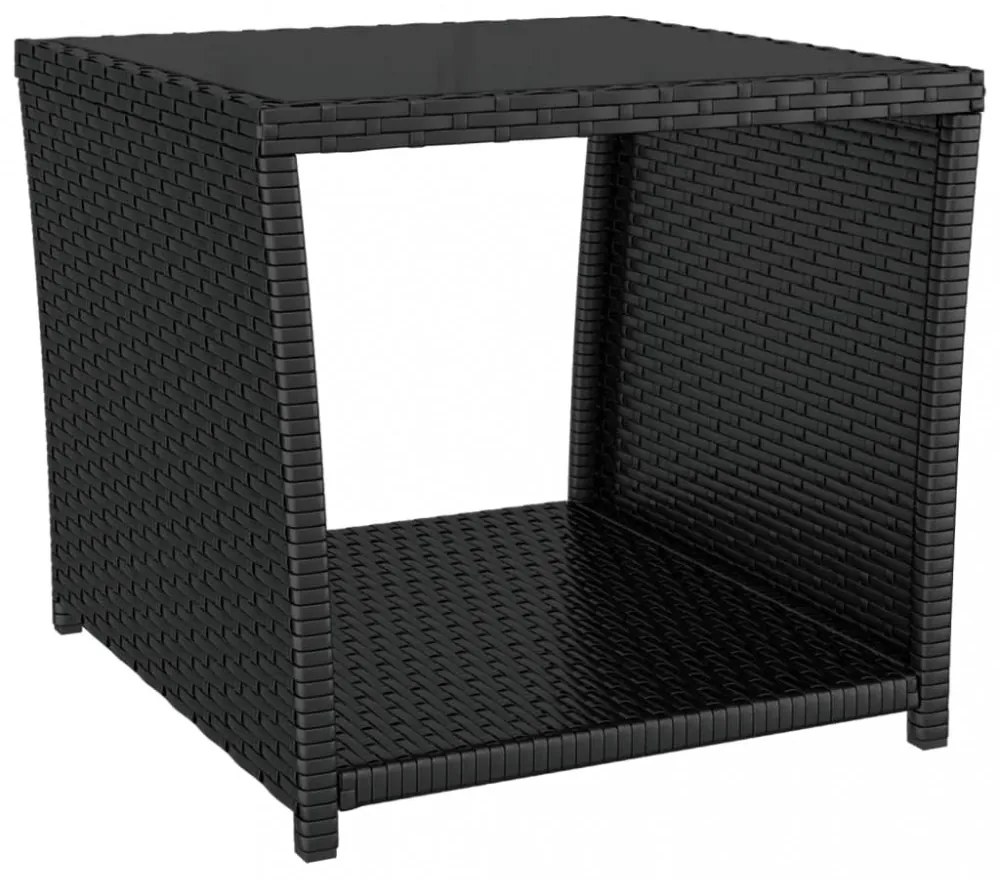 fekete polyrattan és edzett üveg teázóasztal üveglappal