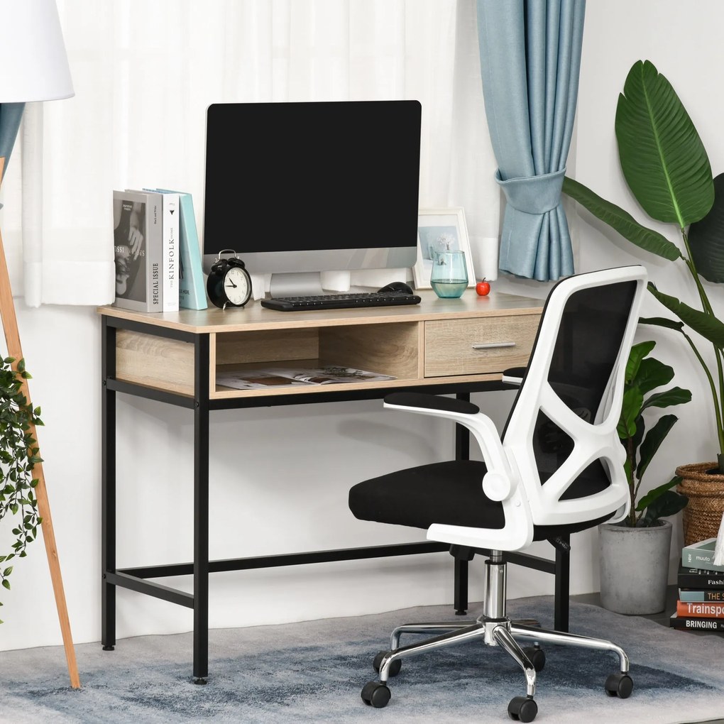 HOMCOM Ipari Íróasztal Tárolóval, Fiókkal, Fémvázas, Fekete Tölgyfa Asztallap | Aosom