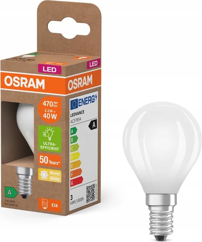 Led izzó P45 E14 2,2W 40W 470lm 2700K Filament 214lm/W A osztály Osram