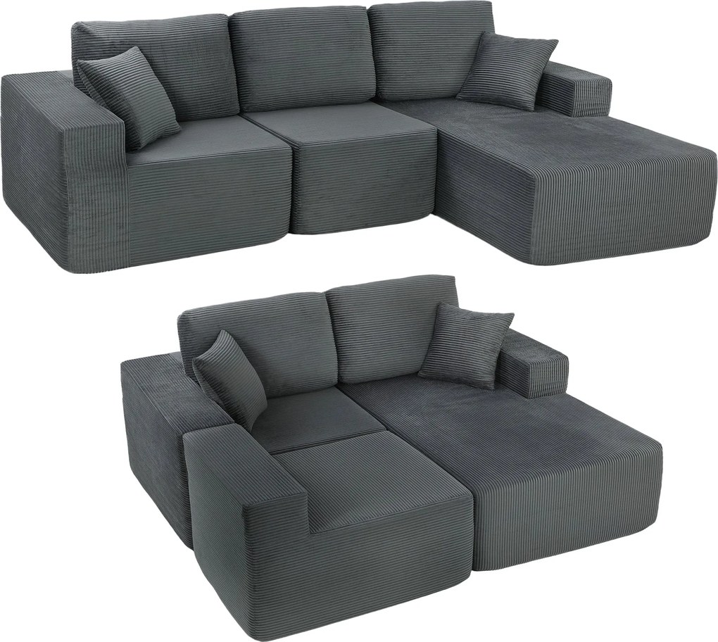 HOMCOM sarokkanapé ággyá alakítható, L-alakú, 267 cm, mély ülőfelület, 3 személyes, 2 az 1-ben, kordbársony — sötétszürke | Aosom