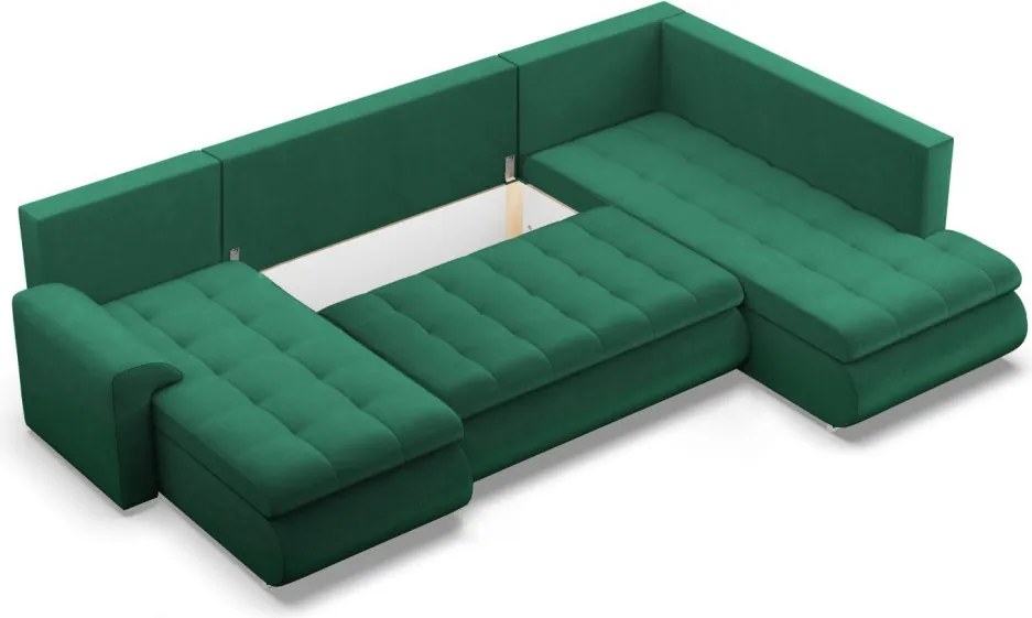 Tokio U sarokkanapé, 3 ágyneműtartóval, bársony, jobboldali, zöld