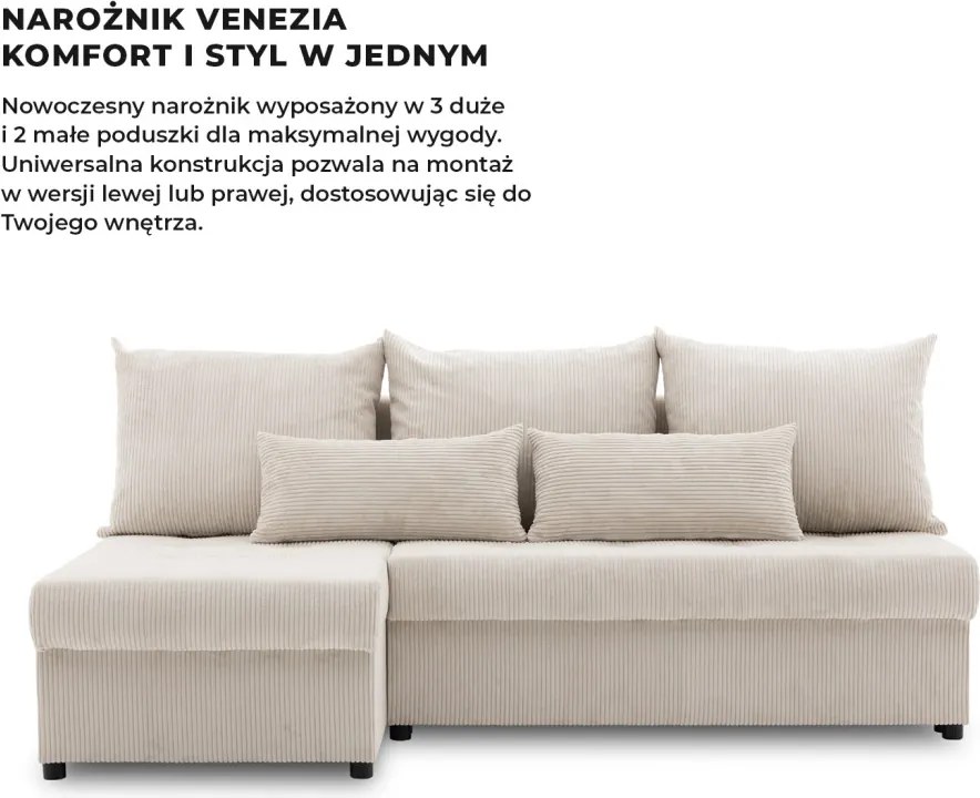 Venezia sarokkanapé, kordbársony, univerzális oldal, bonell töltet, bézs