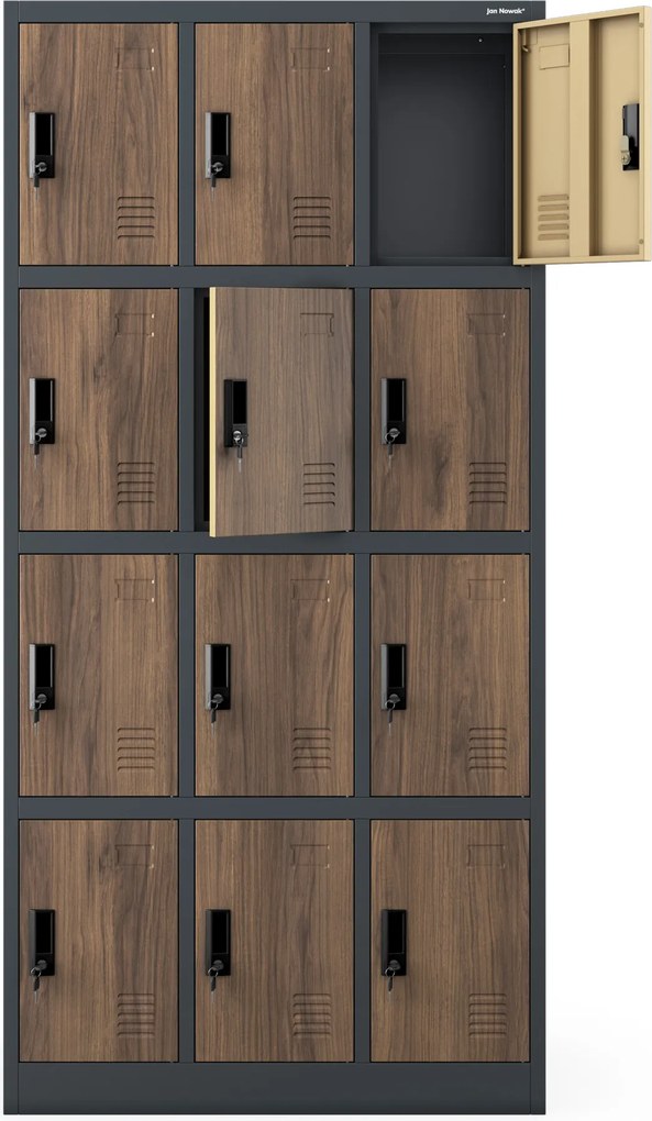 12 rekeszes szociális szekrény, antracit/dió, 900x1850x400 mm: MARCIN Eco Design