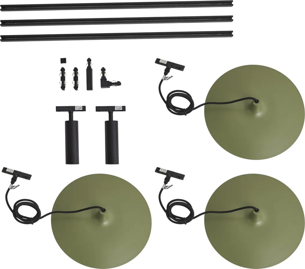 Modern fekete sínrendszer 2 spotlámpával és 3 zöld függőlámpával, 1 fázisú - Slimline Uzzy Panzi