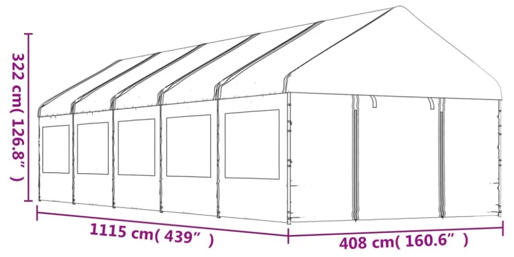 fehér polietilén pavilon tetővel 11,15 x 4,08 x 3,22 m
