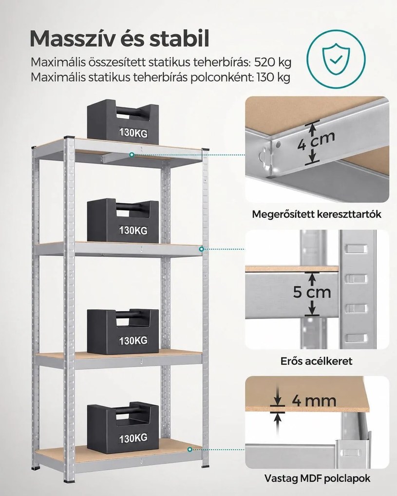 SONGMICS 2 db nagy teherbírású tárolóállvány, 4 állítható polccal, 80 x 40 x 160 cm, 520 kg/állvány, ezüst