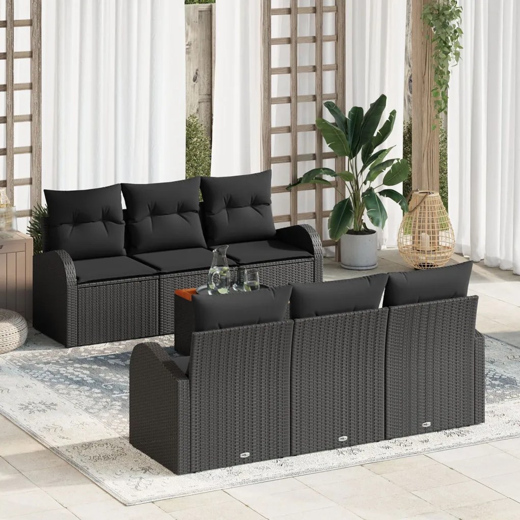 7 darabos Kertheverő szett párnákkal, fekete poli rattan, akáciából, 2 személyes Kertheverő tárolóval és párnákkal, fekete poli rattan