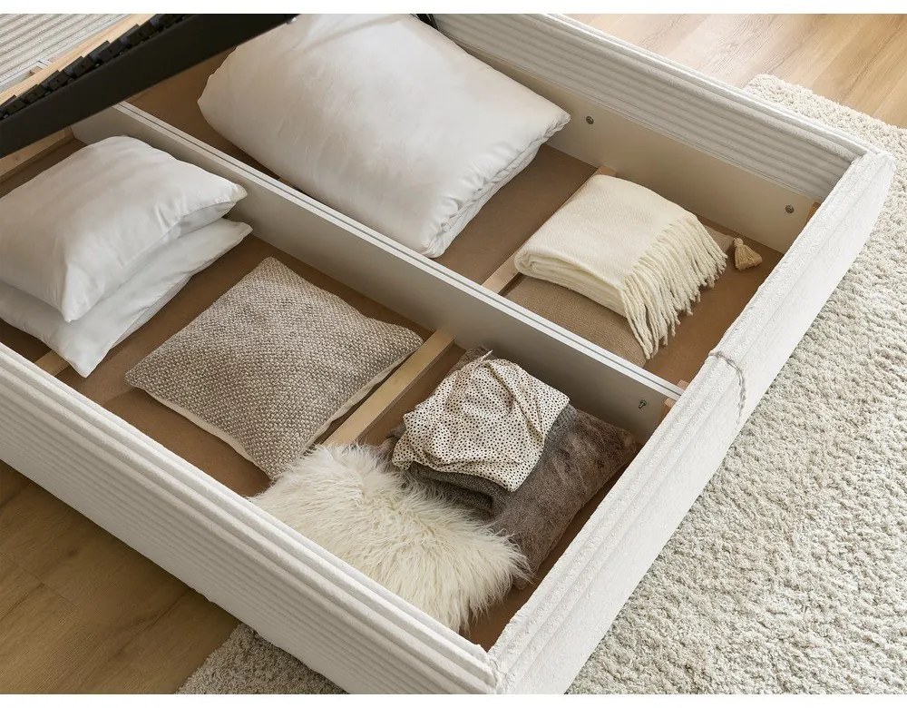 Bézs kárpitozott ágyneműtartós franciaágy ágyráccsal 180x200 cm Jade – Bobochic Paris