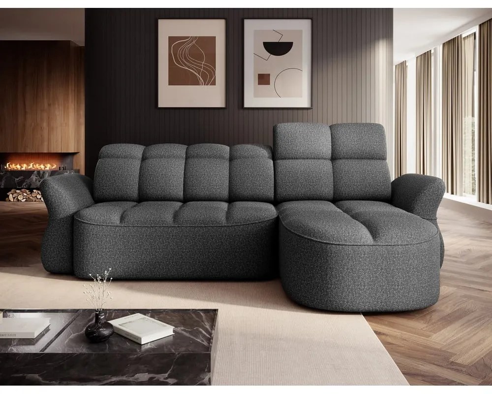 Sötétszürke bársony kinyitható-tárolóhelyes sarokkanapé (jobb oldali-heverő résszel) Beneth – ELTAP