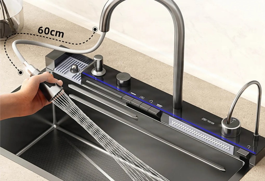 Konyhai csaptelep ELITE EDITION KS2199 LED-kijelzővel, kihúzható zuhanyfejjel, több színváltozatban — Fehér, kerek — 75 cm