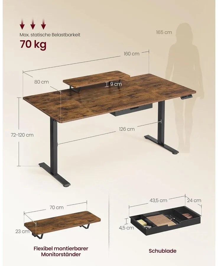 Magasságállítható íróasztal, 160 x 80 cm, vintage barna