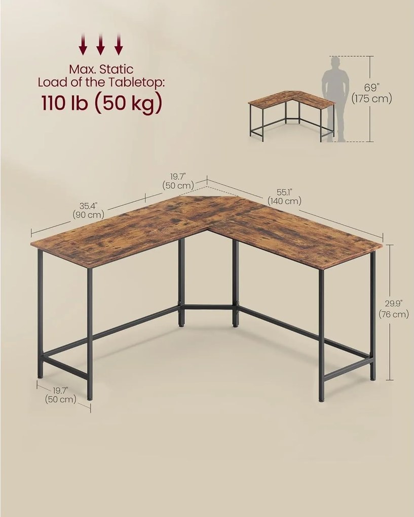 L alakú sarok íróasztal, számítógépasztal, 140 x 140 x 74,7 cm, rusztikus barna/fek