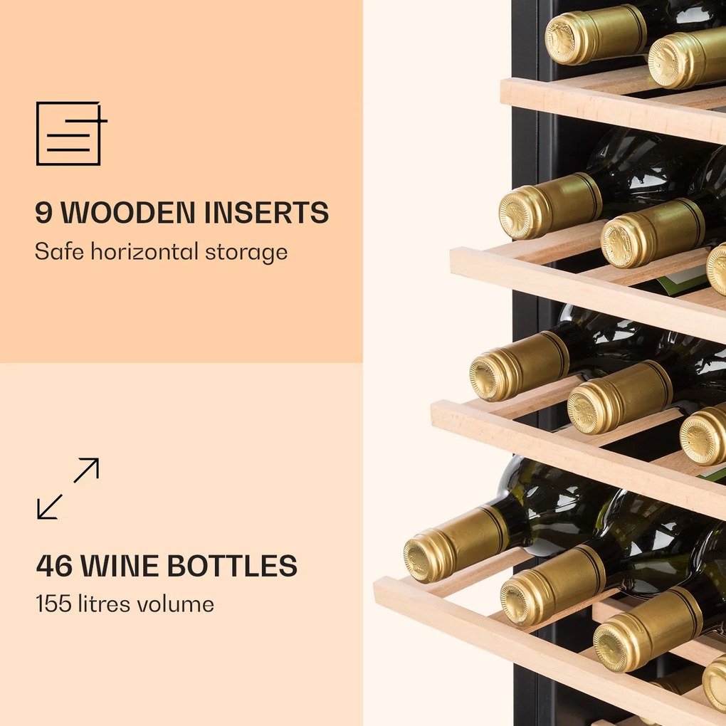 Klarstein Vinamour 46 Uno, borhűtő, 155 liter, 46 palack, 4-18 °C, 1 zóna,rozsdamentes acél