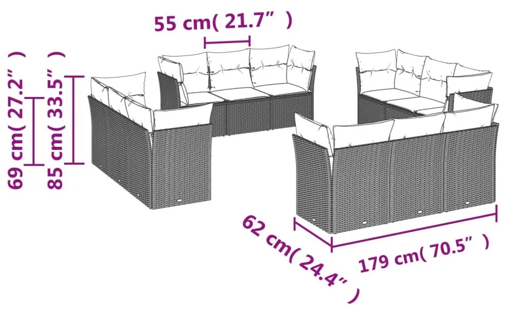 12 részes világosszürke polyrattan kerti ülőgarnitúra párnával