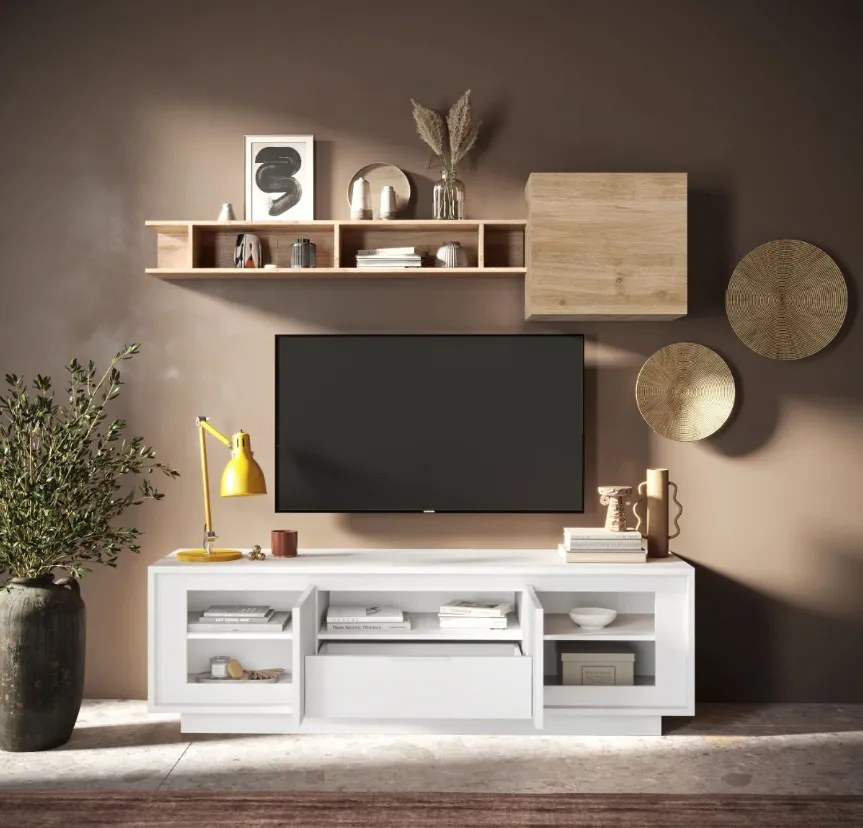 SKY 2.0 TV-szekrény 2 ajtóval és 1 fiókkal, fehér matt lakkozott vázzal és előlapokkal