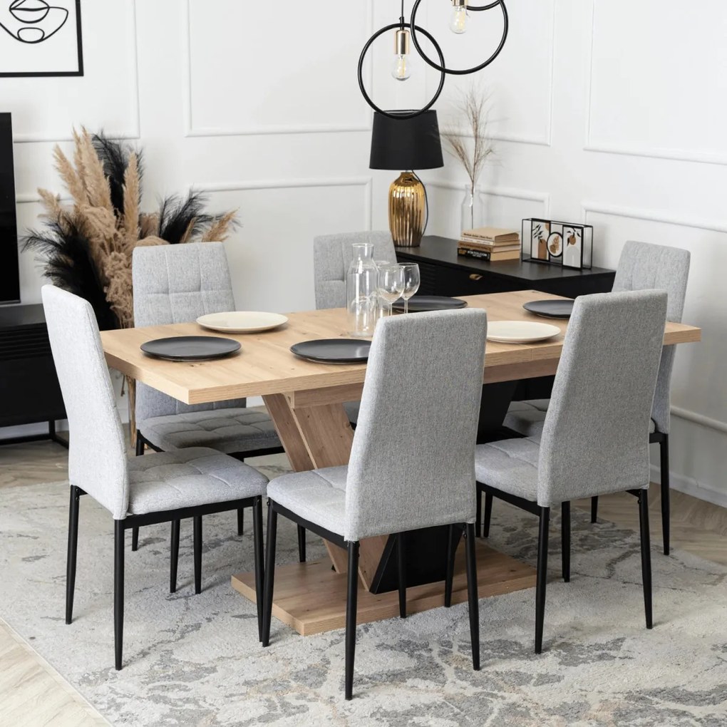 Étkezőgarnitúra: bővíthető asztal 120–160 cm Artisan tölgy / fekete színkombinációban + 6 db szürke szék – CLARK / TEX