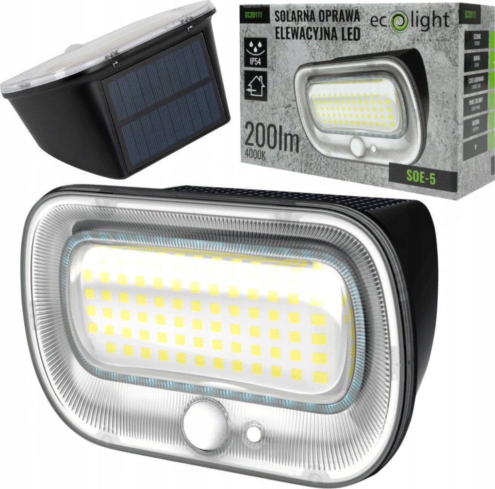 Napelemes Led homlokzati lámpatest 4000K 200lm IP54 Pir mozgásérzékelő, alkonyat