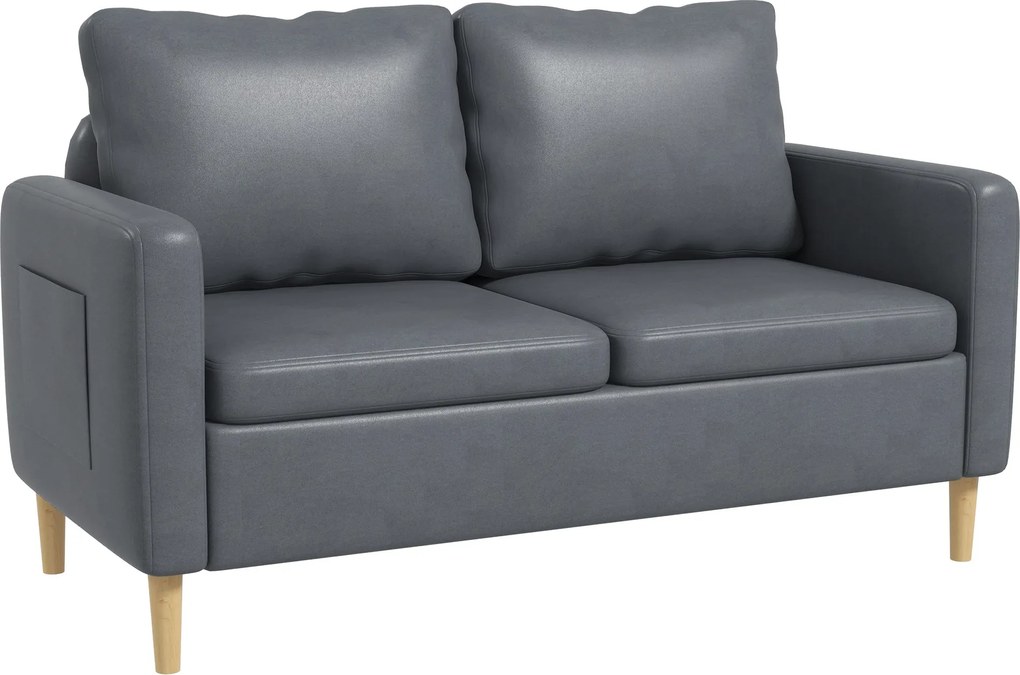 HOMCOM Modern 2-Fős Kanapé Poliészter Kárpitozással, 2 Oldalsó Zsebbel, Karfákkal és Fa Lábakkal, 200 kg Teherbírással, 143x76x83 cm, Szürke | Aosom