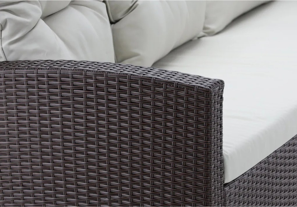 NAGY KERTI BÚTORSZETT (KANAPÉ, 2 FOTEL, 2 PUFF, ASZTAL) - BARNA, PÁRNÁK - BÉZS