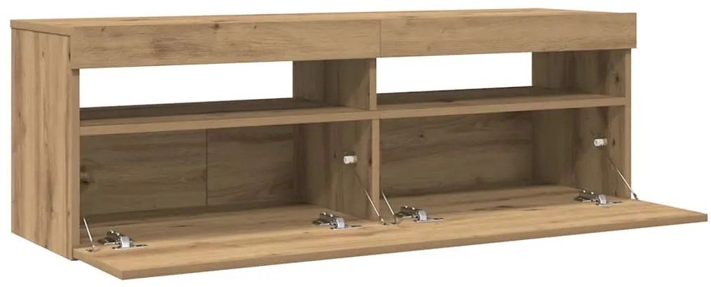 kézműves tölgy szerelt fa TV-szekrény LED-ekkel 120x35x40 cm