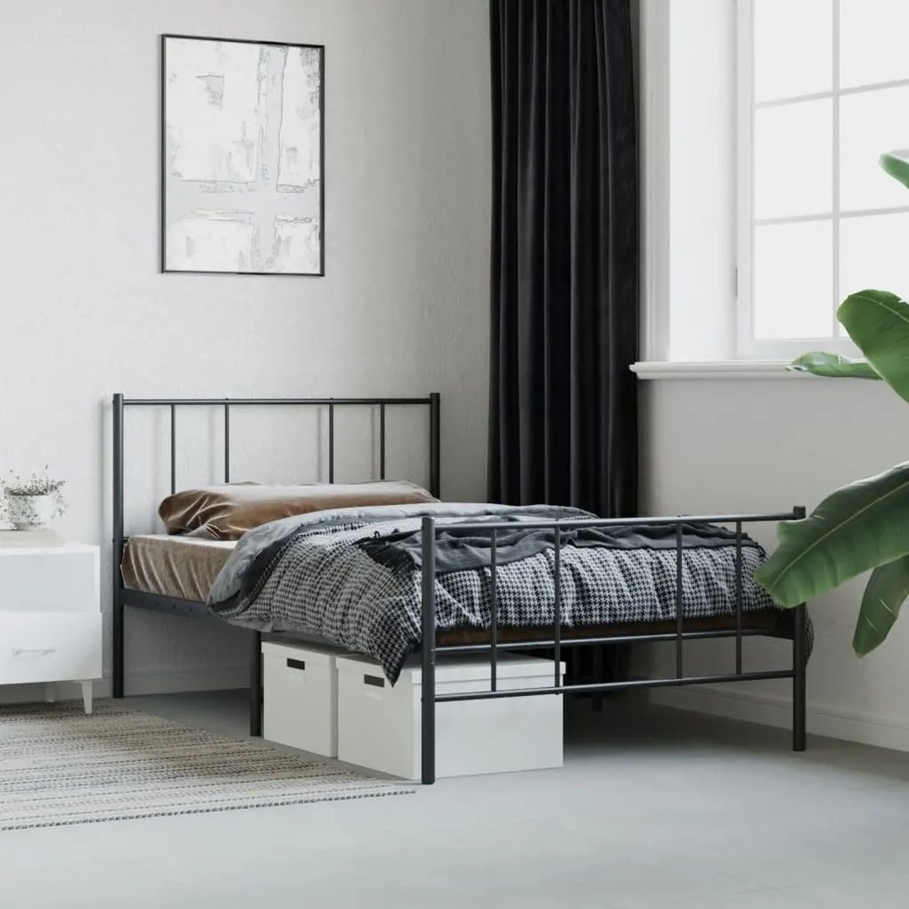 fekete fém ágykeret fej- és lábtámlával 80 x 200 cm