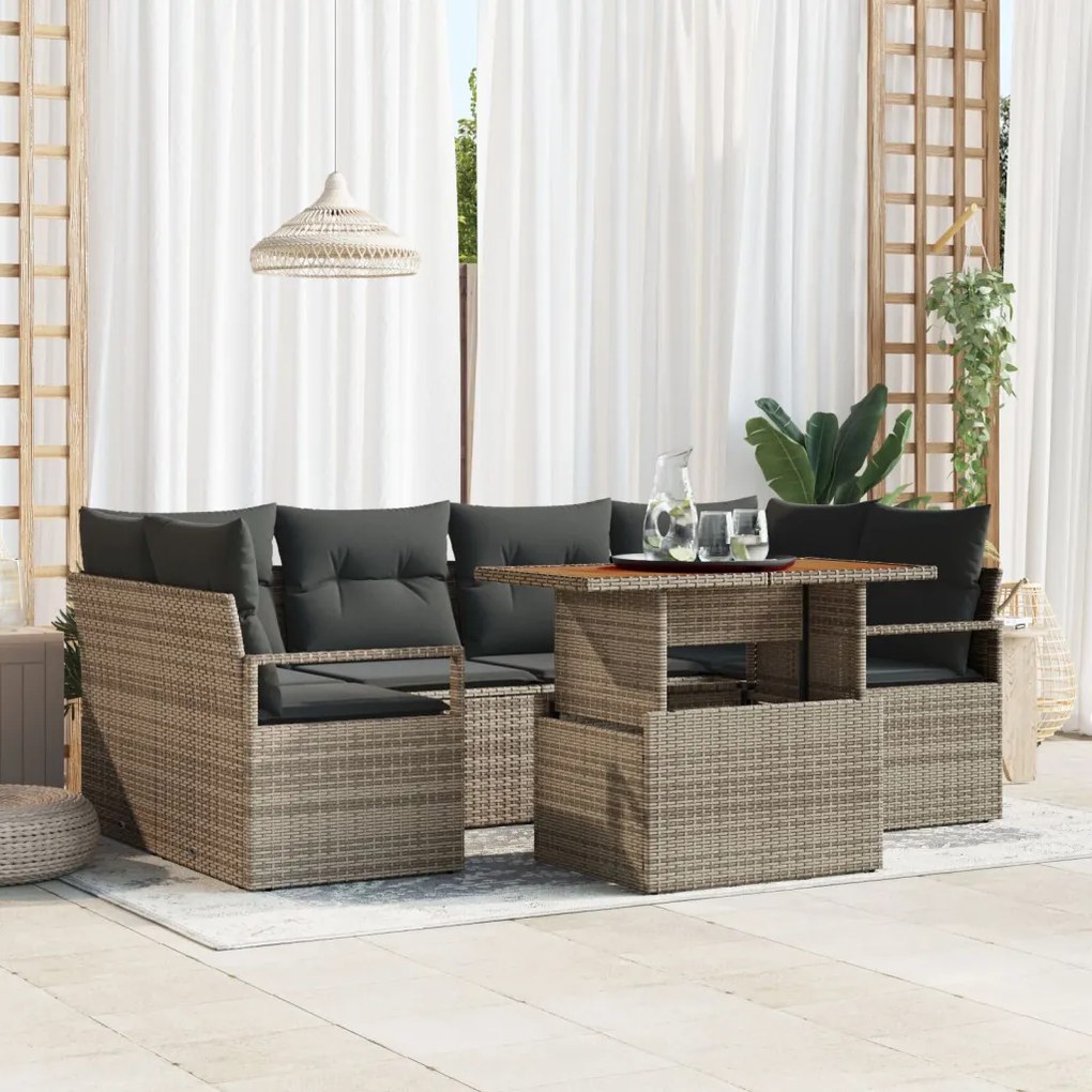 7 darabos kertiszófa szett párnákkal Szürke Poli Rattan Akác, 2 személyes kertiszófa párnákkal Szürke Poli Rattan