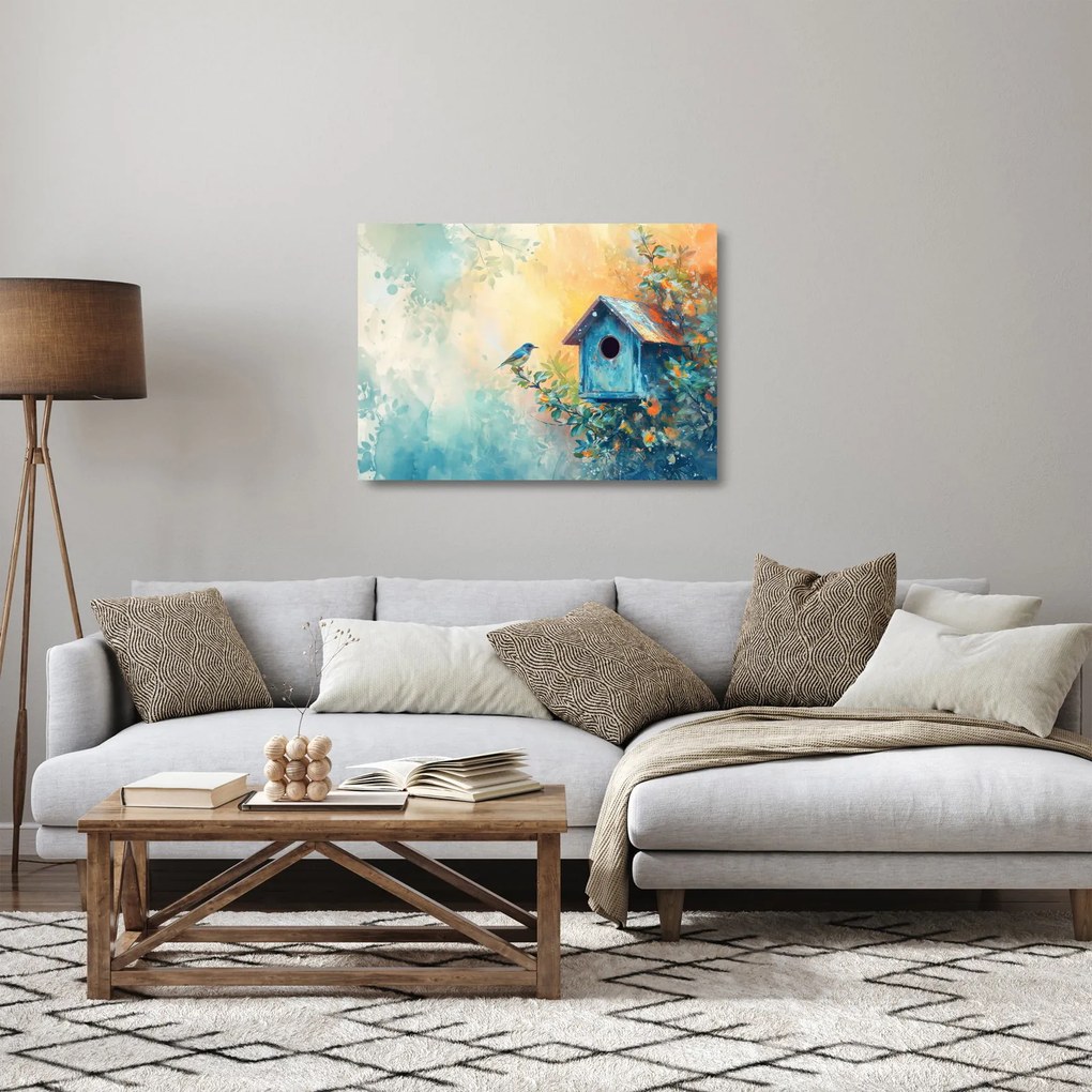 Üveg kép - Madárház, akvarell (70x50 cm)
