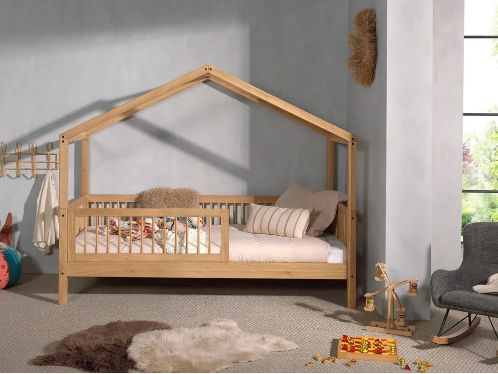 Natúr színű házikó alakú tölgyfa gyerekágy ágyráccsal 90x200 cm Forrest – Vipack