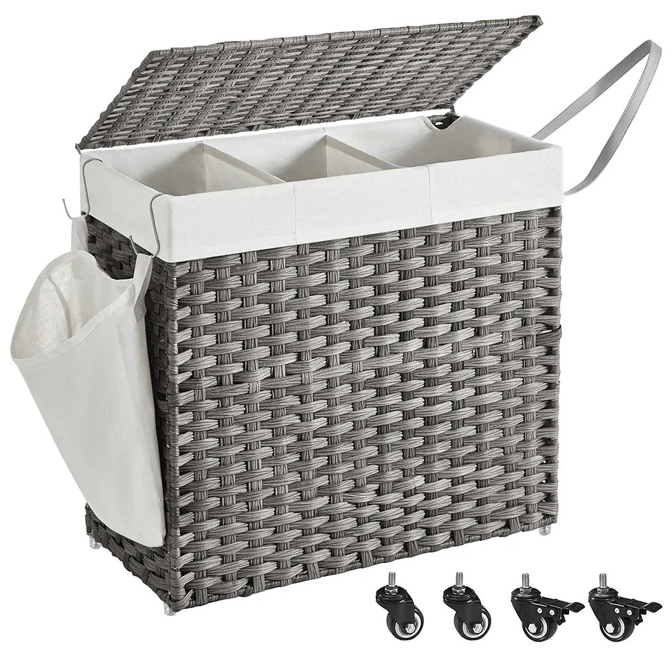 Kézzel fonott rattan stílusú szennyeskosár 3 rekesszel 140L, szürke