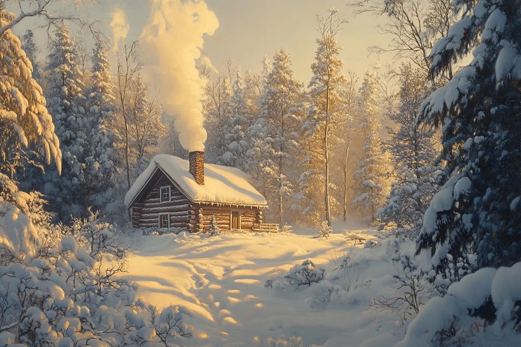 Vászonkép Canvas Tájkép Tél Hó Hófúvás Erdő Ház Kunyhó Nap 120x80