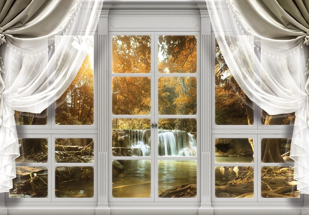 Fotótapéta - Kilátás az erdőre az ablakból (254x184 cm)