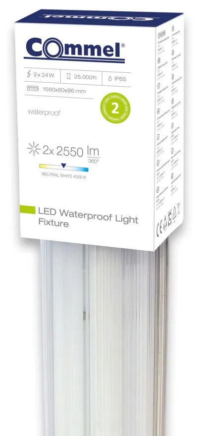 Commel LED armatúra lámpatest, por és víz mentes, 2db LED fénycsővel 2x24 W 156 cm 4000k