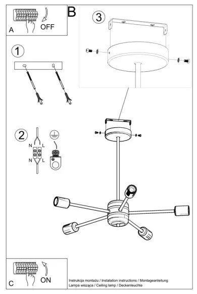 Sollux SL.1022 - Csillár rúdon LANGO 5xE27/60W/230V fekete