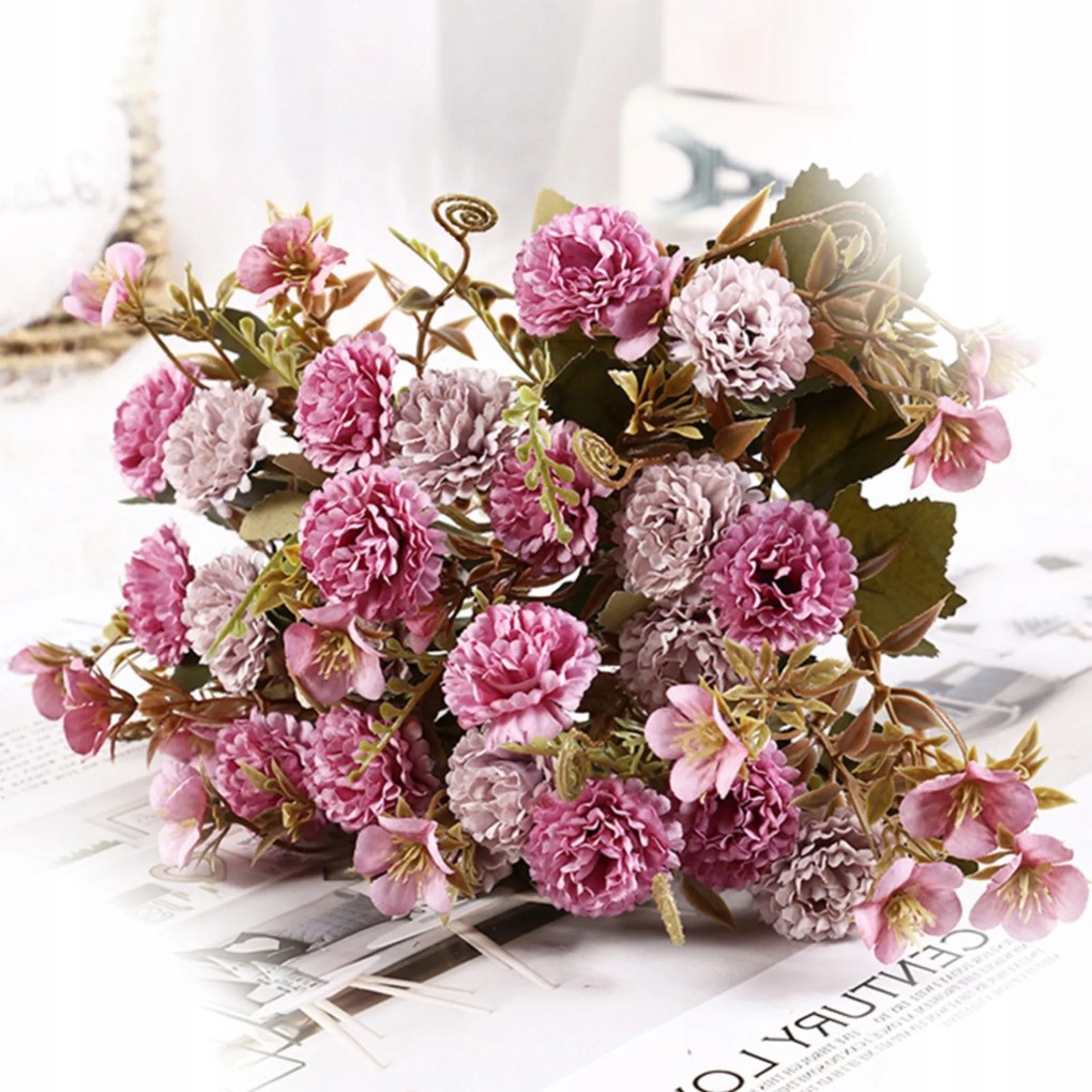 Szegfű Rózsaszín Lila Levelek Művirág Csokor Váza 30cm